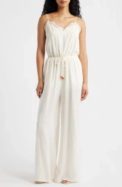 Kittenish Wide Leg Lace & Satin Jumpsuit In White