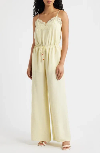 Kittenish Wide Leg Lace & Satin Jumpsuit In Yellow