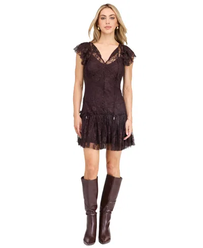 Kittenish Women's Aubrey Lace Floral Keyhole Mini Dress In Brown