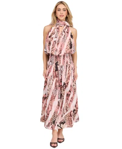 Kittenish Women's Dahlia Yoryu Halter Snake-print Open-back Maxi Dress In Pink