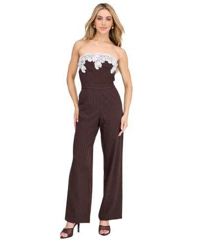 Kittenish Women's Harper Strapless Wide-leg Lace-trim Jumpsuit In Brown