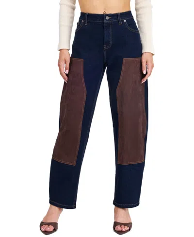 Kittenish Women's Lottie High-rise Barrel Suede Contrast Cotton-blend Pants In Dark Wash