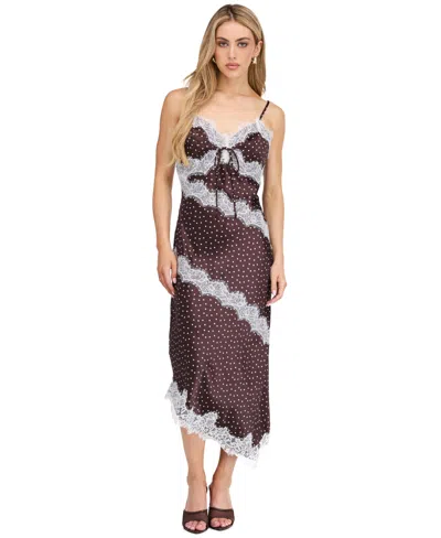 Kittenish Women's Mia Crepe-satin Polka-dot V-neck Midi Slip Dress In Brown