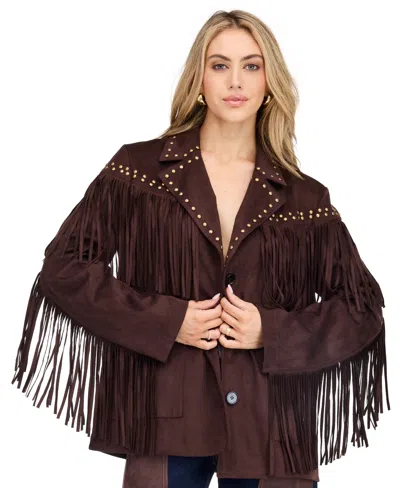Kittenish Women's Montana Faux-suede Studded Fringe Jacket In Burgundy