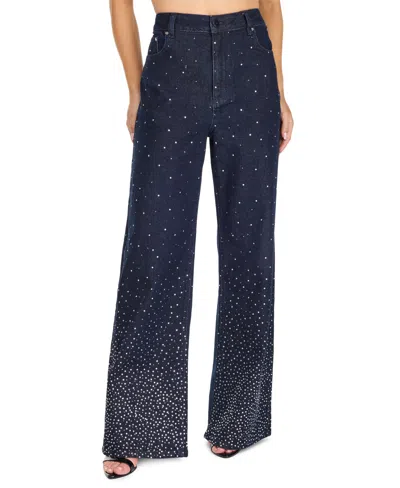 Kittenish Women's Piper High-waisted Wide-leg Rhinestone Jeans In Blue