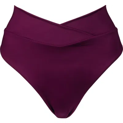 Kitty And Vibe High Hip Crossover Bikini Bottom With Full Coverage In Sangria