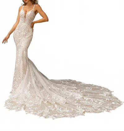 Kitty Chen Couture Luna All Over Lace Gown In Ivory/toffee In White