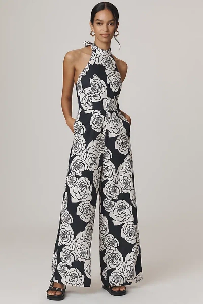 Kivari Carmen Rose Linen Blend Halter Wide-leg Jumpsuit In Blue