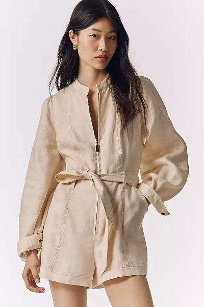 Kivari Linen Belted Romper In White