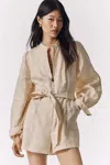 Kivari Linen Belted Romper In Neutral