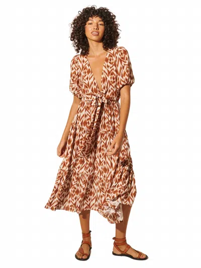 Kivari Marisa Tie Front Midi Dress In Chocolate Aztec In Brown