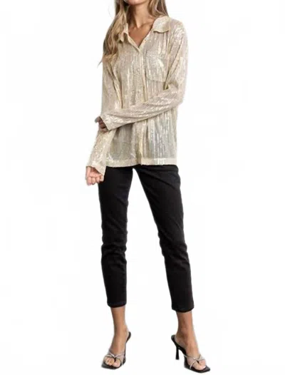 Kiwi Sequined Button Down Long Sleeve Mesh Blouse Shirt In Gold