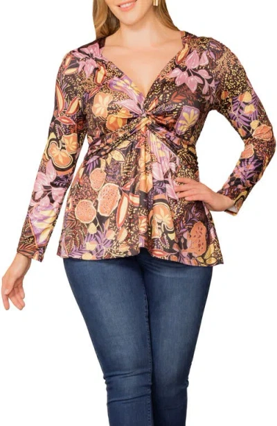 Kiyonna Abigail Long Sleeve Twist Front Top In Multi