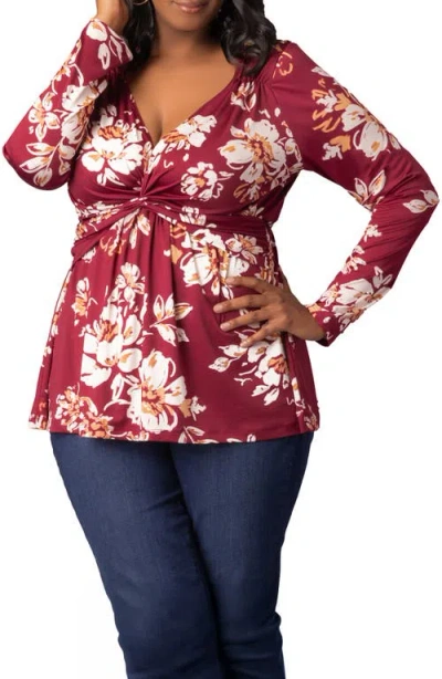 Kiyonna Abigail Long Sleeve Twist Front Top In Burgundy