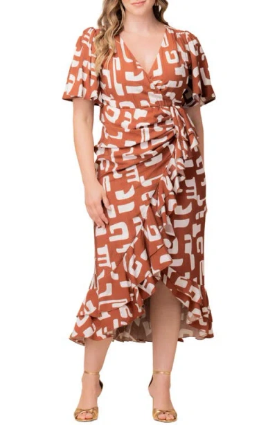 Kiyonna Alexandra Floral Print Ruffle Wrap Front Maxi Dress In Brown