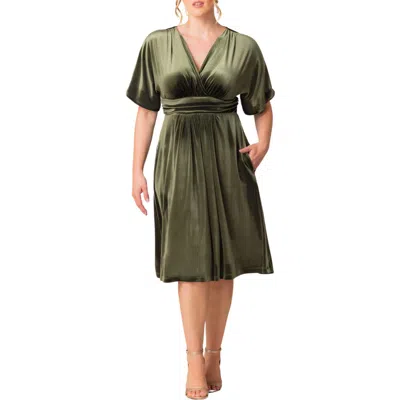 Kiyonna Angelic Velvet Cocktail Dress In Olive Green