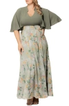 Kiyonna Avisa Flutter Sleeve Maxi Dress In Sage Floral Print