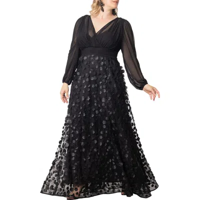 Kiyonna Blossoming Beauty Long Sleeve Mesh Evening Gown In Black Multi