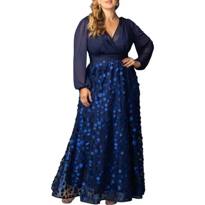 Kiyonna Blossoming Beauty Long Sleeve Mesh Evening Gown In Blue