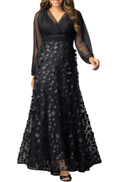 Kiyonna Blossoming Beauty Mesh Evening Gown In Black