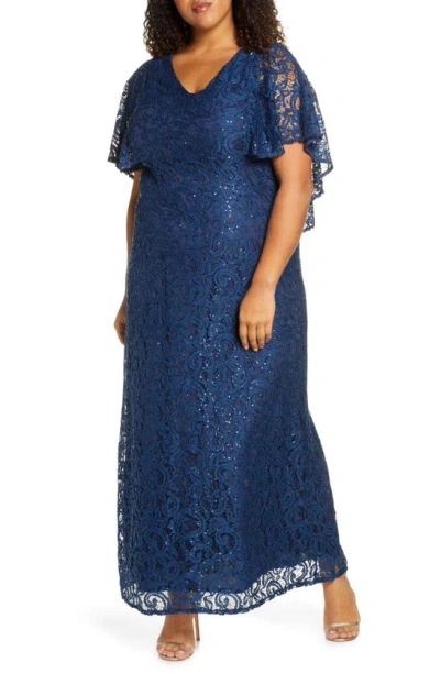 Kiyonna Celestial Cape Sleeve Lace Gown In Nocturnal Navy