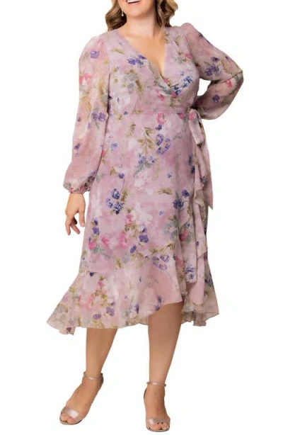 Kiyonna Clara Floral Metallic Midi Wrap Dress In Pink