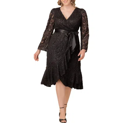 Kiyonna Cosmopolitan Sequin Lace Long Sleeve Cocktail Dress In Black