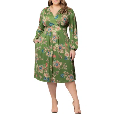 Kiyonna Diana Long Sleeve Dress In Olive Floral Print