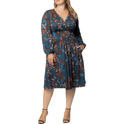 Kiyonna Diana Long Sleeve Dress In Teal Blue Asters