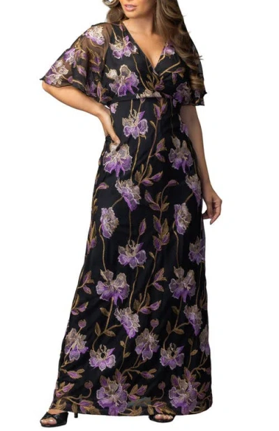 Kiyonna Embroidered Elegance Evening Gown With Sleeves In Black