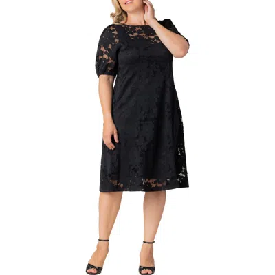 Kiyonna Emma Floral Lace Cocktail Midi Dress In Onyx