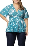 Kiyonna Encore Print Faux Wrap Top In Blue
