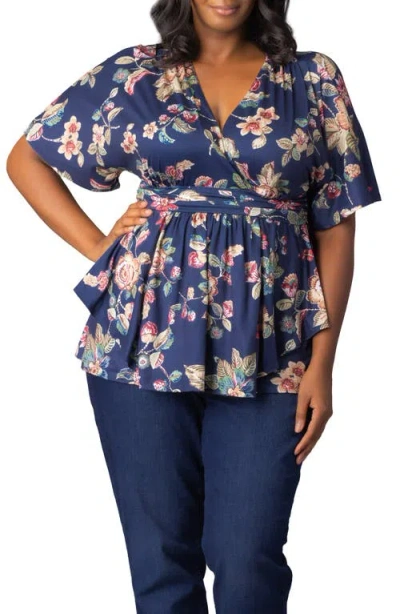 Kiyonna Encore Print Faux Wrap Top In Blue
