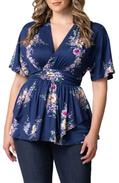 Kiyonna Encore Print Faux Wrap Top In Blue Floral Print