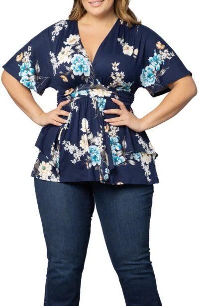 Kiyonna Encore Print Faux Wrap Top In Navy Floral Print