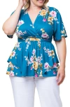 Kiyonna Encore Print Faux Wrap Top In Teal Floral Print
