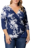 Kiyonna Faux Wrap Top In Navy Floral Print