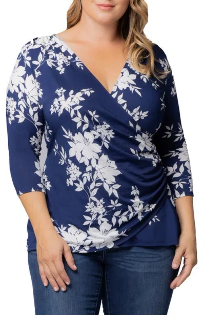 Kiyonna Faux Wrap Top In Navy Floral Print