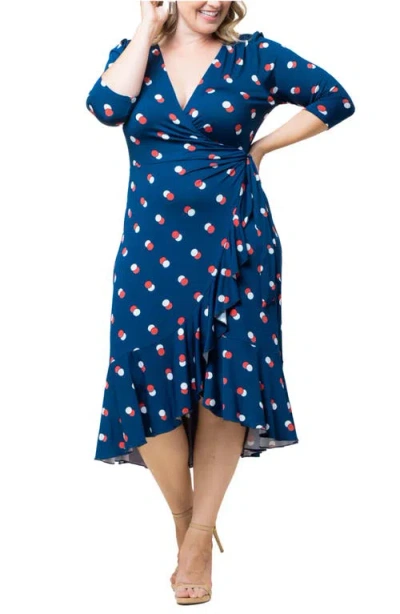 Kiyonna Flirty Flounce Wrap Dress In Navy Dot Duo