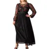 Kiyonna Floral Embroidered Long Sleeve Empire Waist Mesh Gown In Black