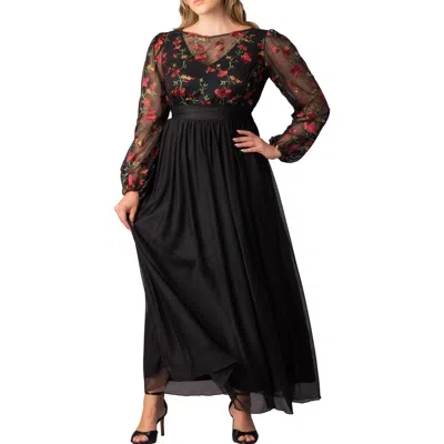Kiyonna Floral Embroidered Long Sleeve Empire Waist Mesh Gown In Black