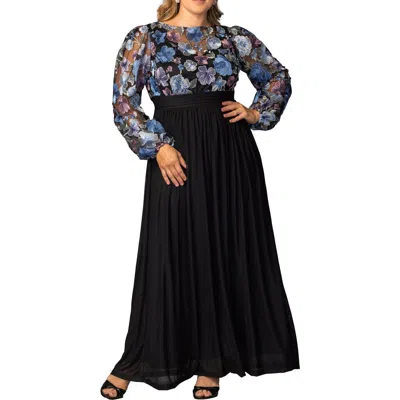 Kiyonna Floral Embroidered Long Sleeve Empire Waist Mesh Gown In Multi