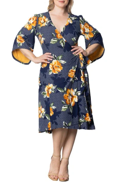 Kiyonna Gemini Floral Bell Sleeve Wrap Dress In Amber Blossoms