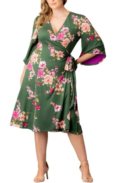 Kiyonna Gemini Floral Bell Sleeve Wrap Dress In Green