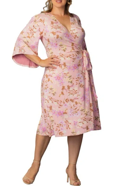 Kiyonna Gemini Floral Bell Sleeve Wrap Dress In Pink