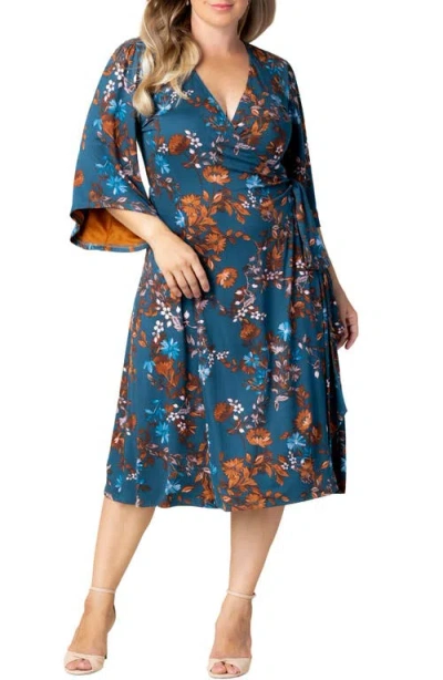 Kiyonna Gemini Floral Bell Sleeve Wrap Dress In Blue