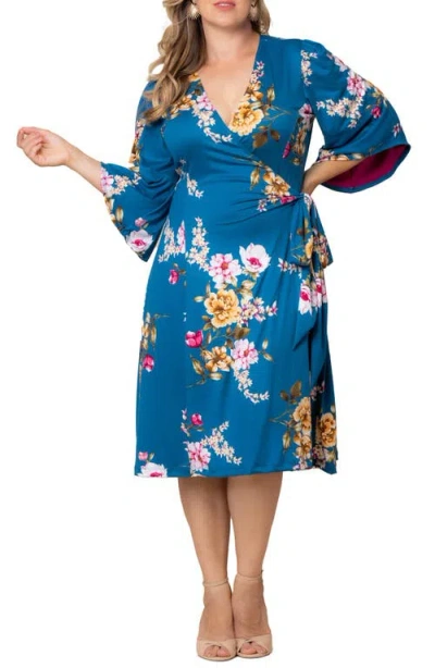 Kiyonna Gemini Floral Bell Sleeve Wrap Dress In Blue