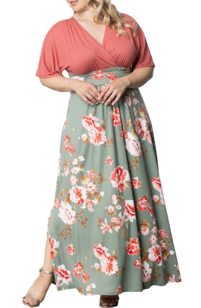 Kiyonna Havana Mixed Media Floral Maxi Dress In Sage Garden Print