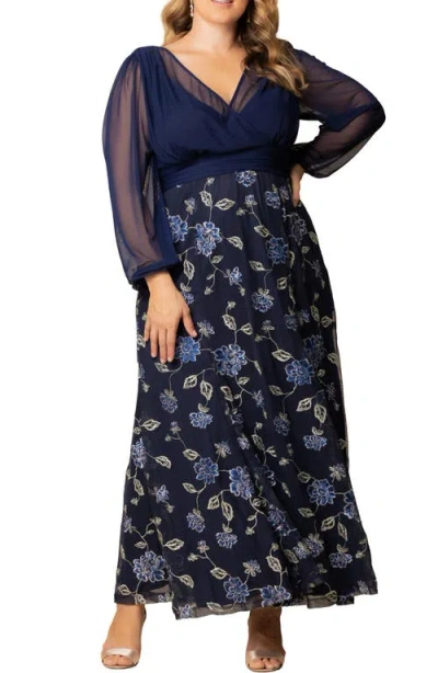 Kiyonna Isabella Embroidered Long Sleeve Gown In Blue