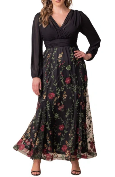 Kiyonna Isabella Embroidered Long Sleeve Gown In Multi